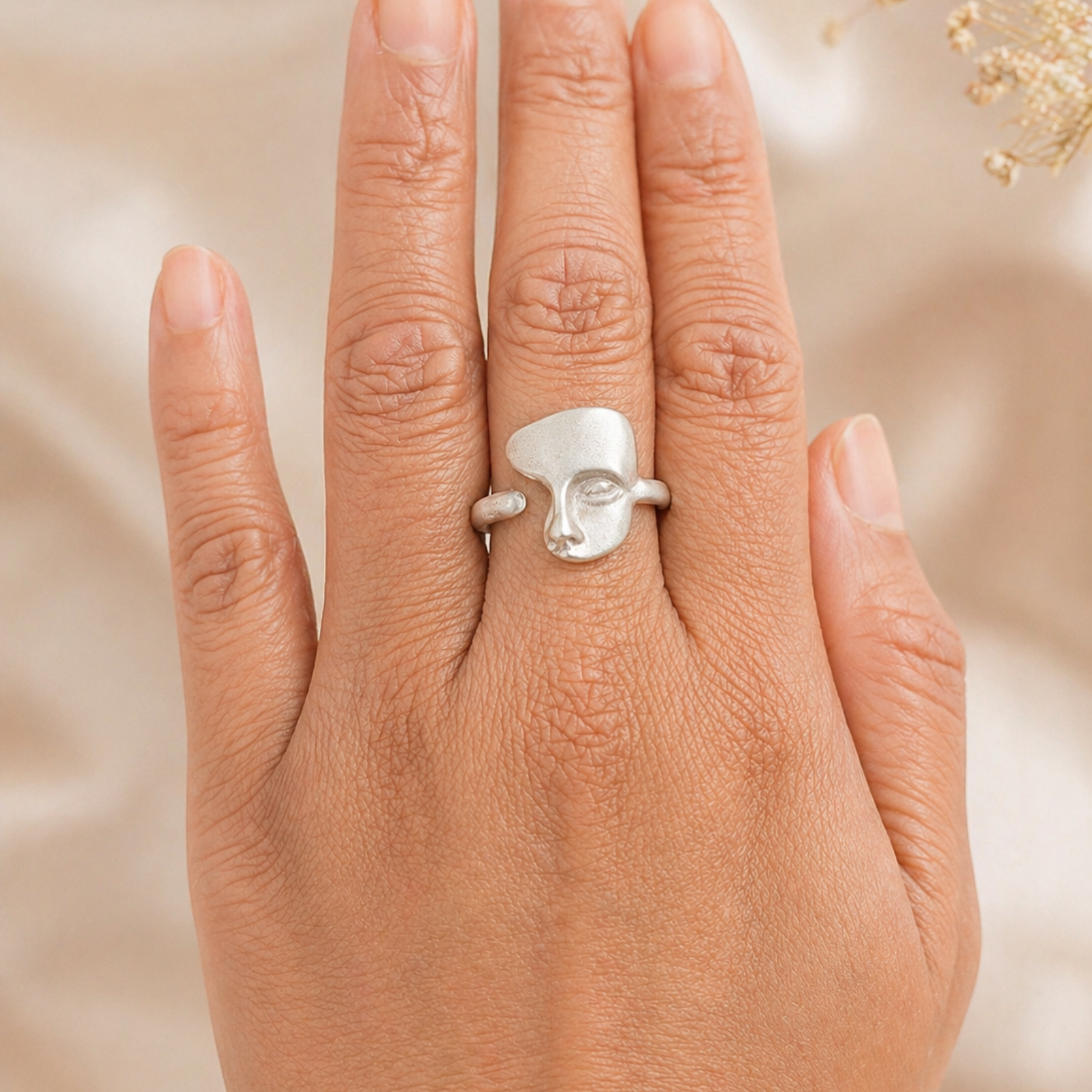 Abstract Face Adjustable Silver Ring - Image 3