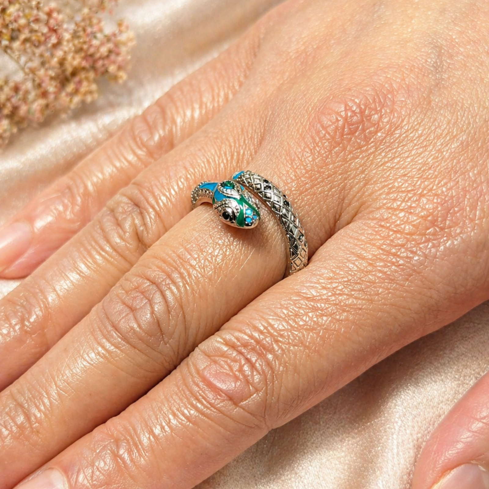 Sterling Silver Ring with Snake Turquoise Enamel - Image 2