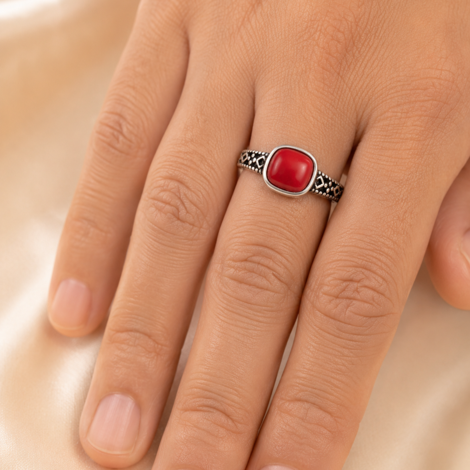 Red Coral Silver Ring - Image 3