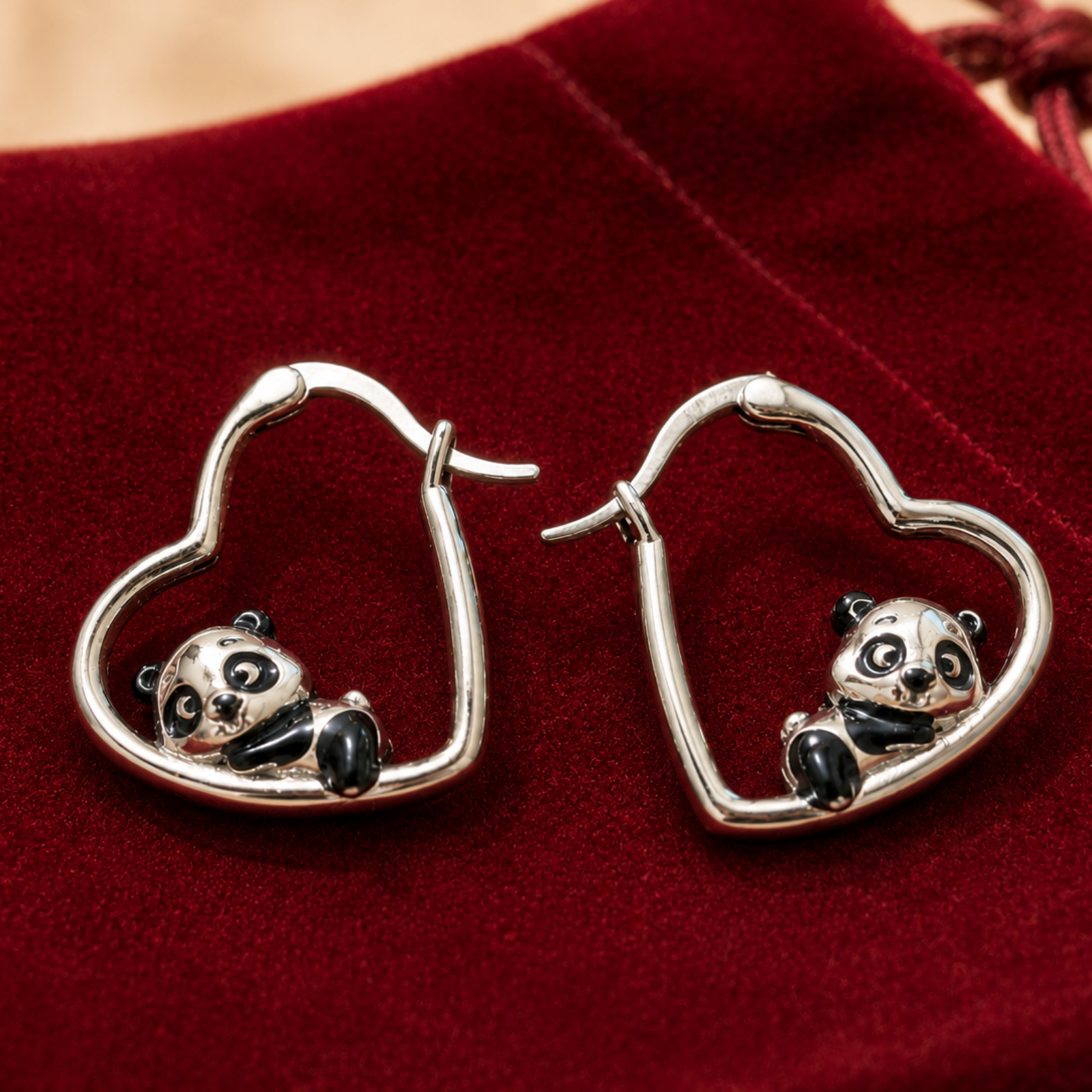 Panda Heart Hoop Earrings