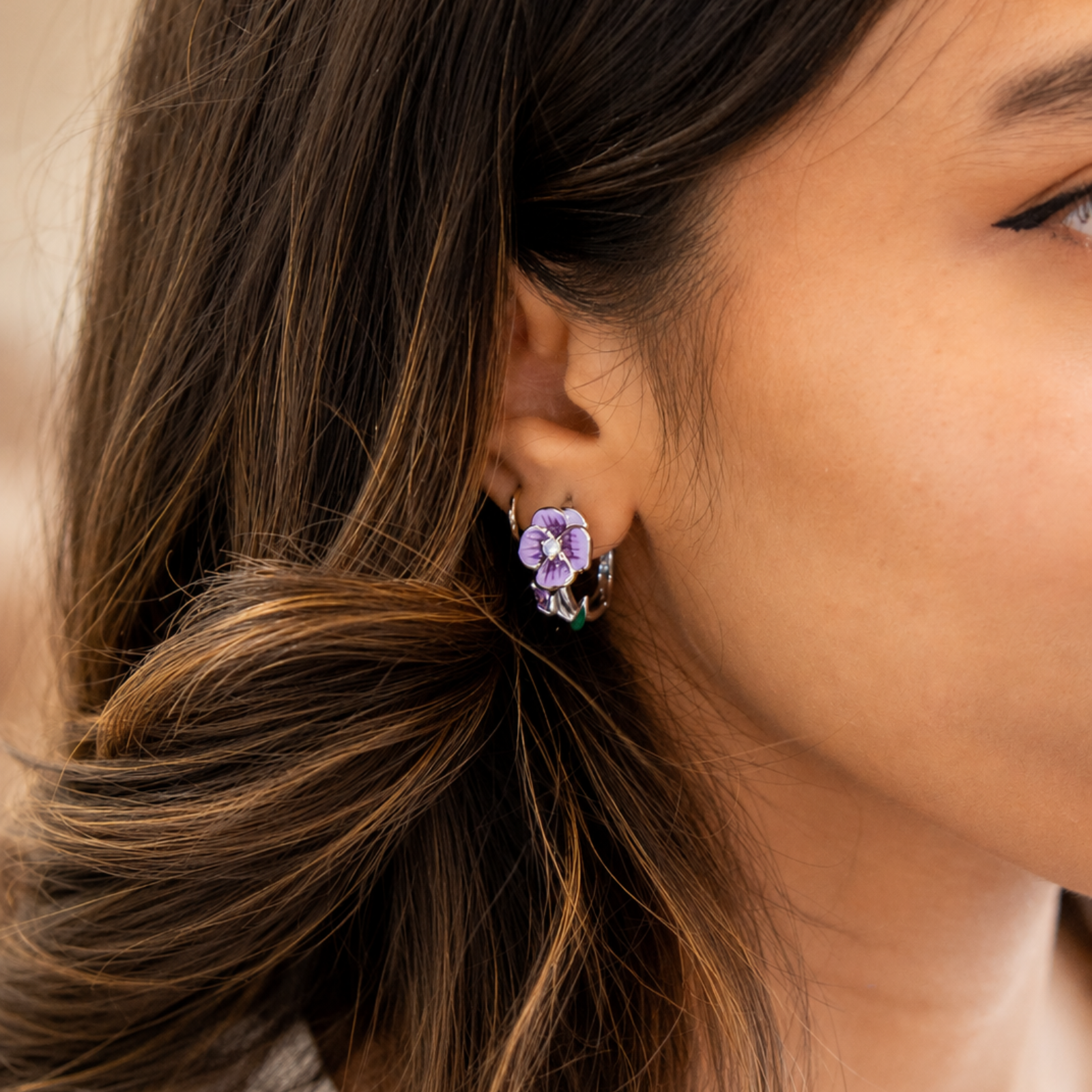 Silver Pansy Flower Hoop Earrings - Image 2